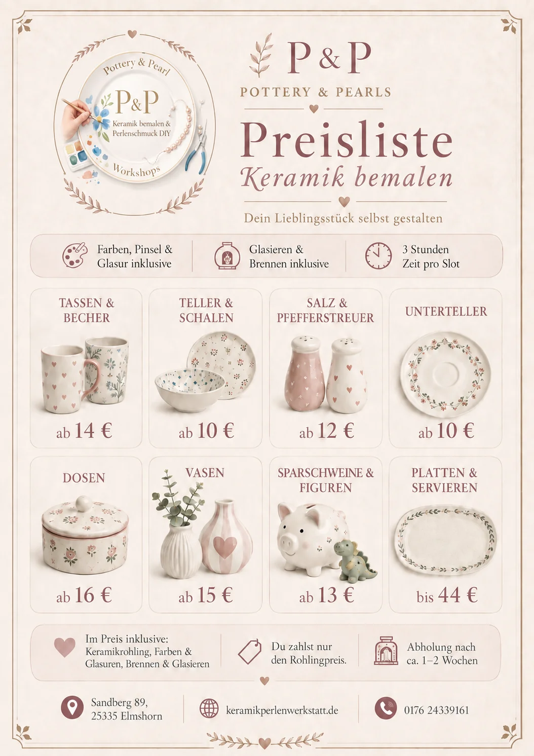 Preisliste von Pottery & Pearls mit Preisen für Becher, Teller, Schalen, Dosen, Vasen und Figuren